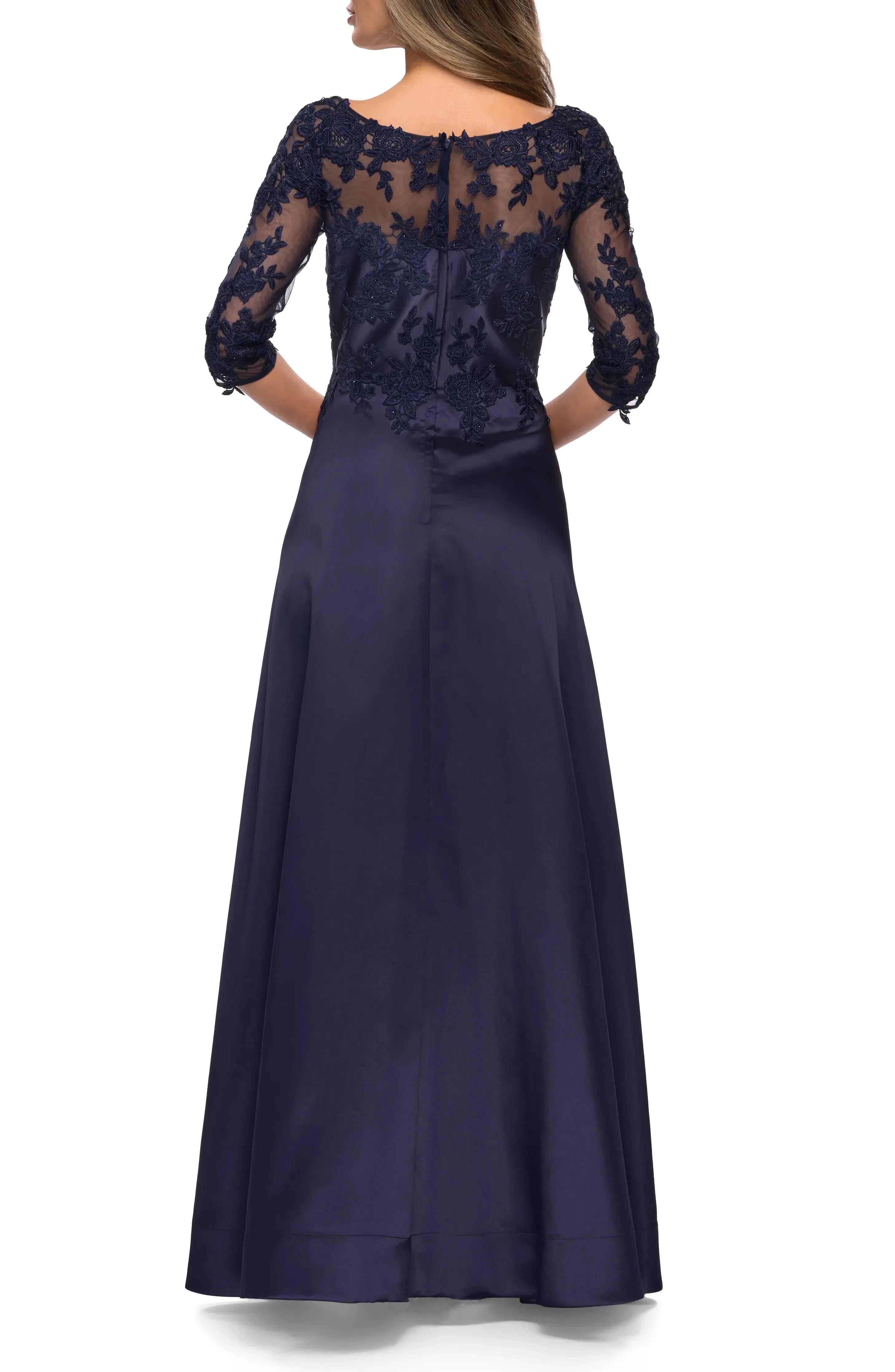 Splendid A Line Scoop Neck Three Quarter Sleeve Lace Back Floor Length Evening Dress