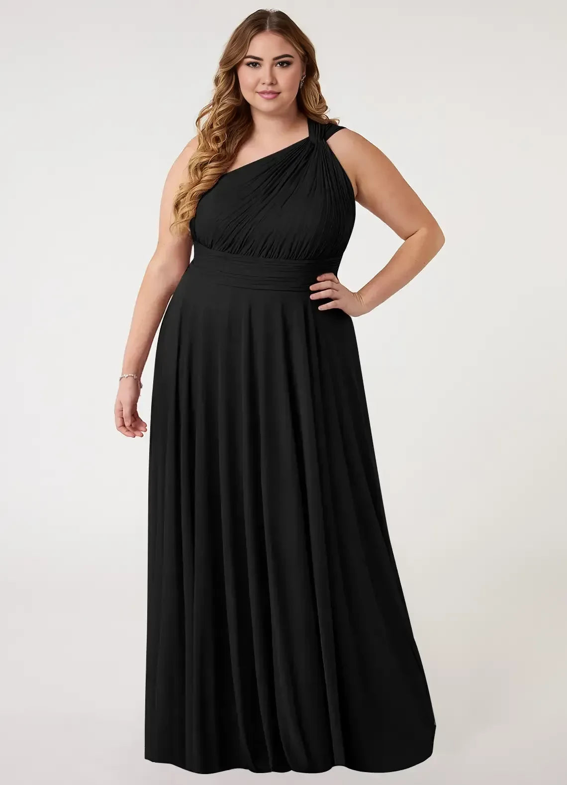Splendid Plus Size A Line One Shoulder Sleeveless Cut Out Back Floor Length Bridesmaid Dress ﻿