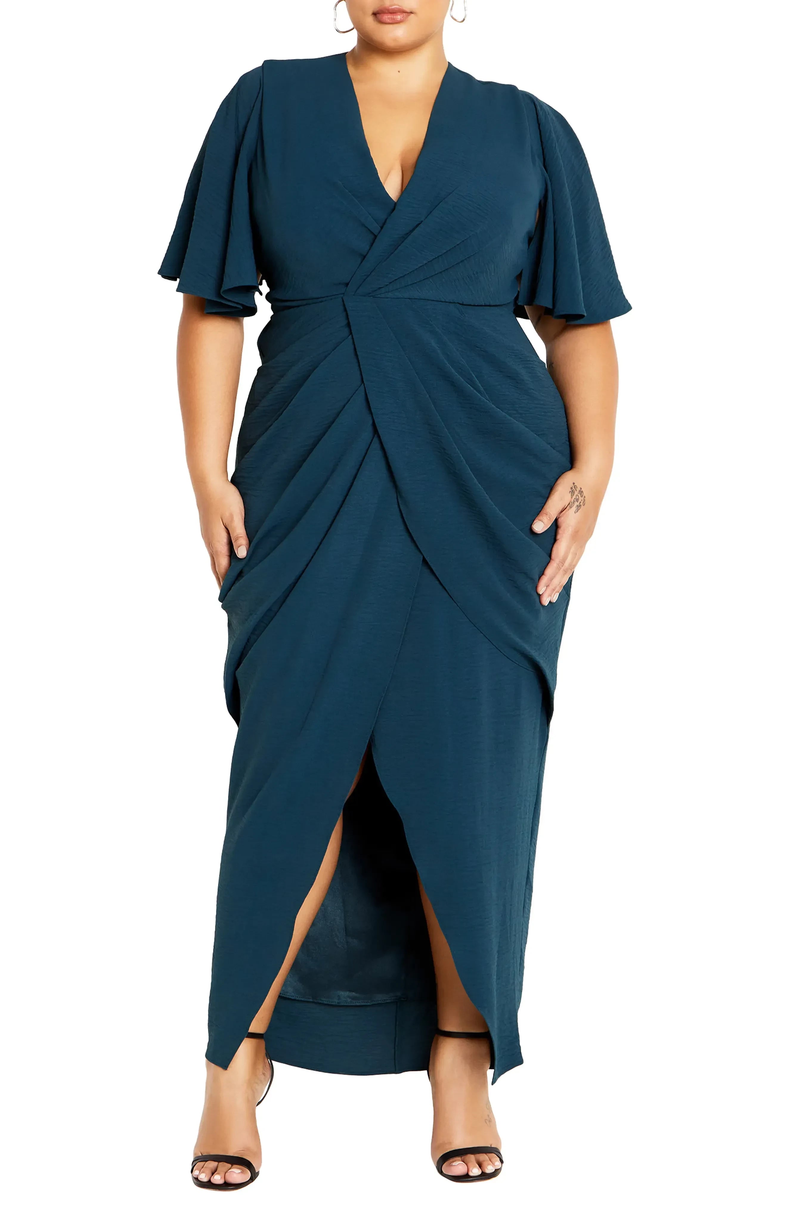 Splendid Plus Size Wrap V Neck Flutter Sleeve Zipper Back Midi Length Evening Dress