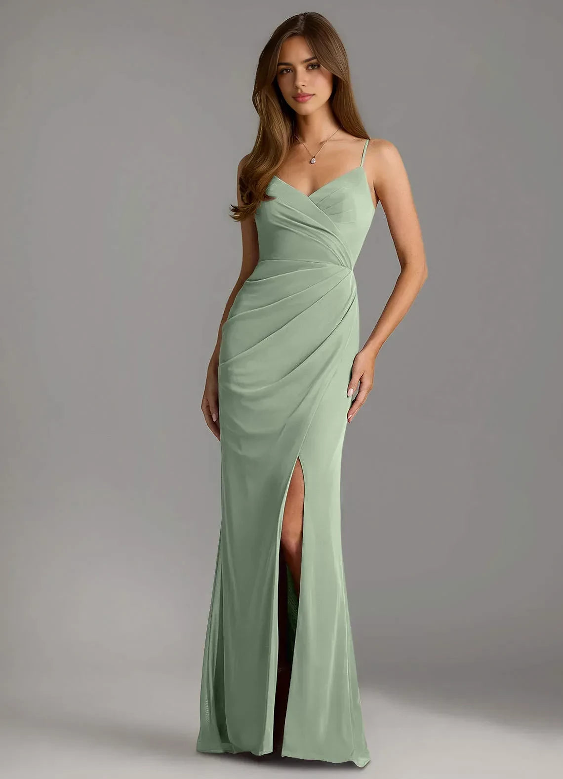 Splendid Sheath V Neck Spaghetti Strap Zip Back Floor Length Bridesmaid Dress