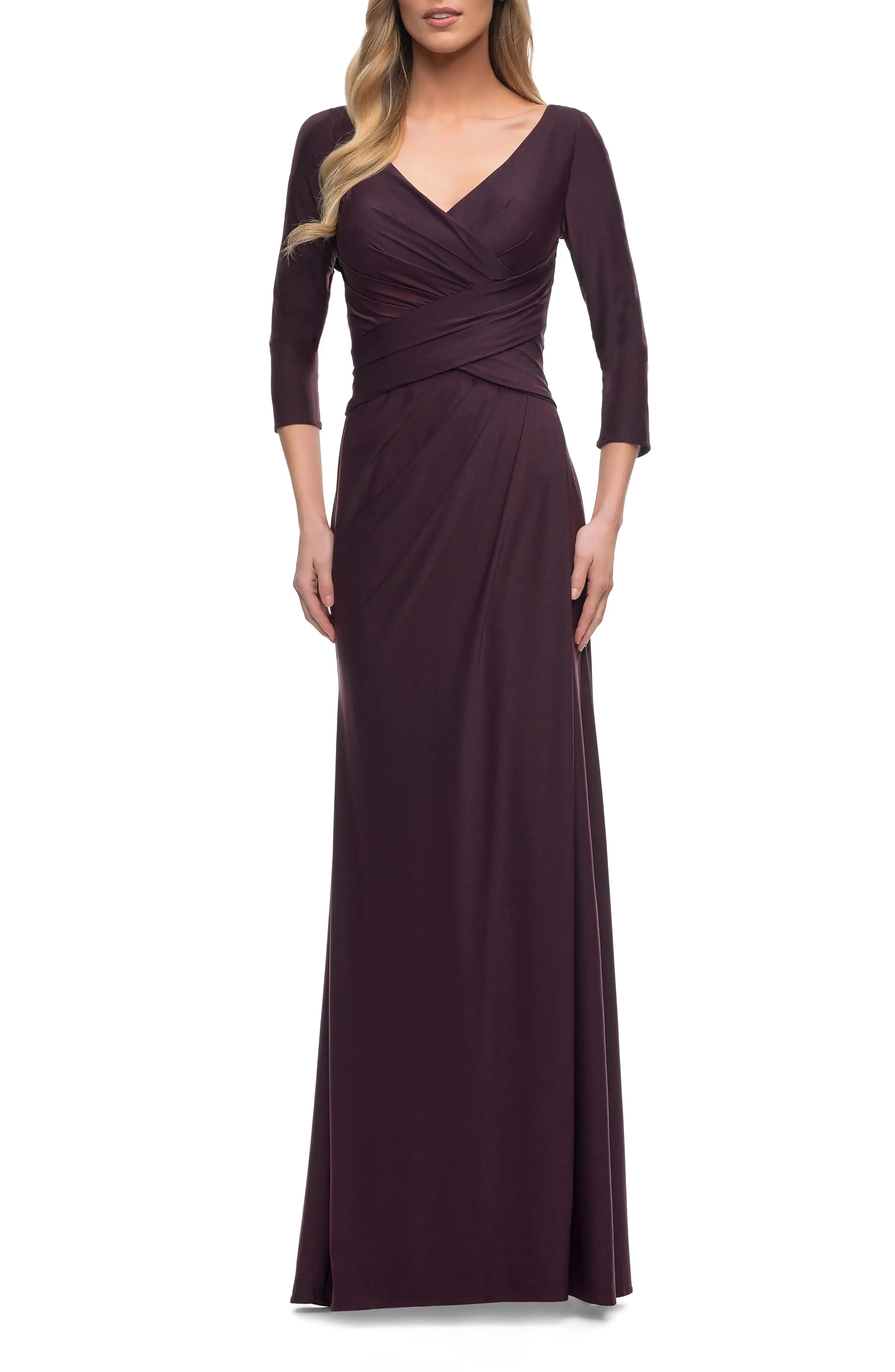 Splendid Sheath V Neck Three Quarter Sleeve Ruched Back Floor Length Evening Dress