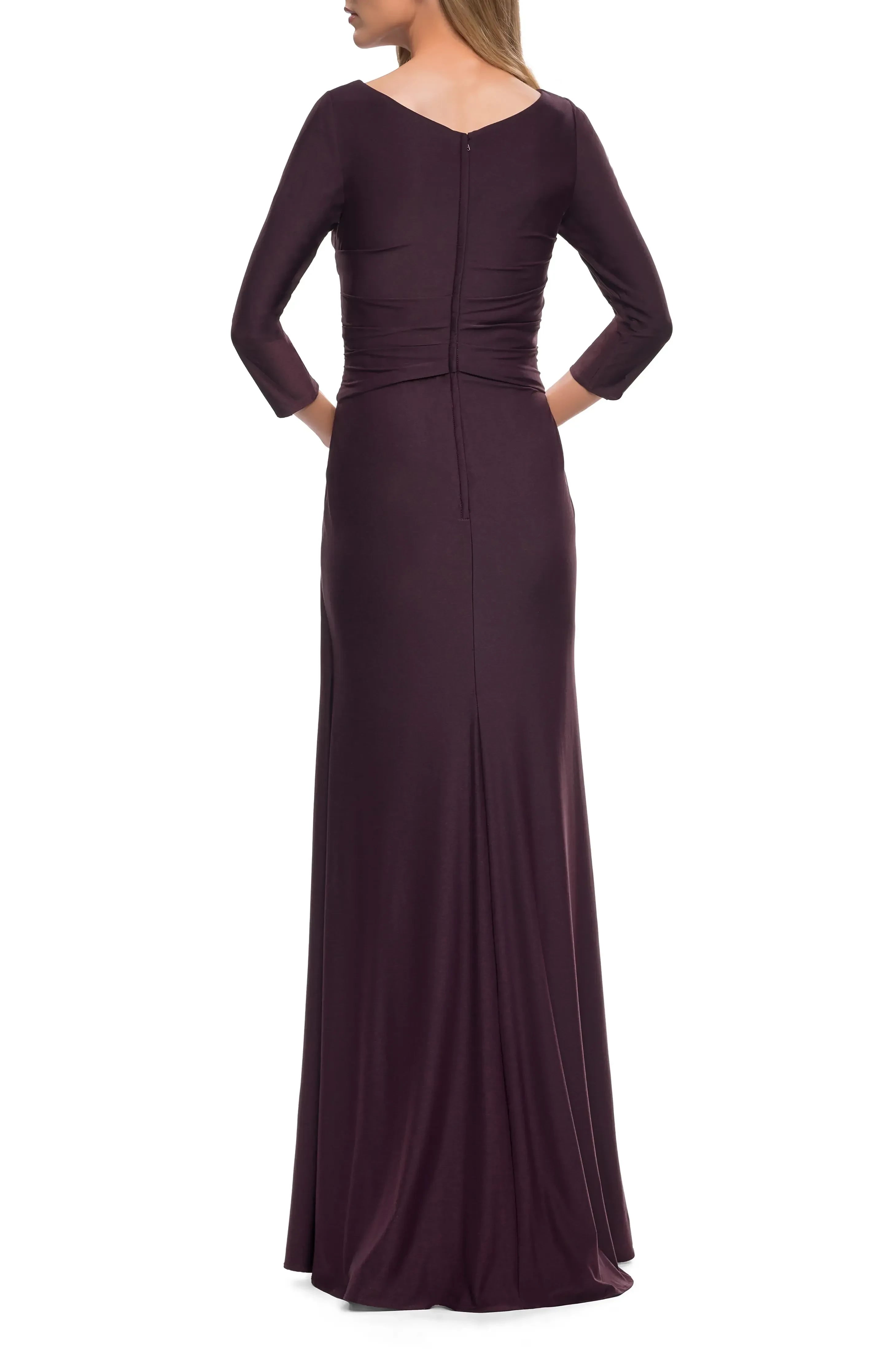 Splendid Sheath V Neck Three Quarter Sleeve Ruched Back Floor Length Evening Dress