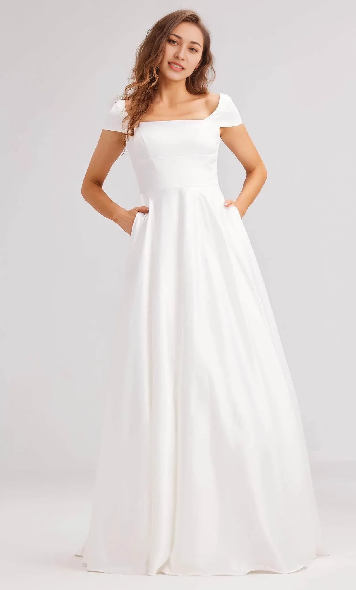 Square Short Sleeves A-Line White Trendy Off the shoulder Floor Length Prom Dress Hot Sale For Ladies