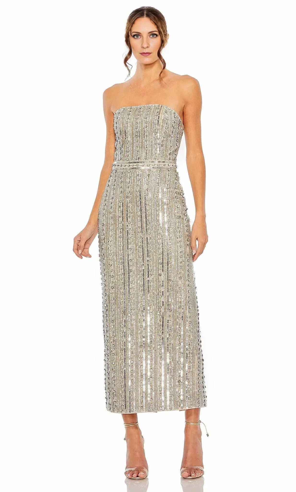 Straight Sleeveless Column Shiny Tea Length Prom Dress For Sale For Women