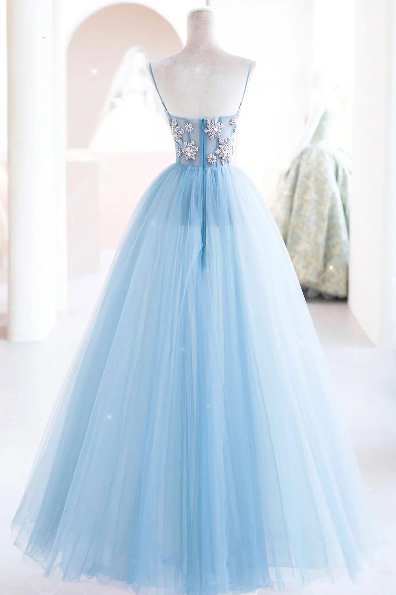 Strap Tulle Beading Blue Spaghetti Long A-Line Prom Dresses Wedding Dress