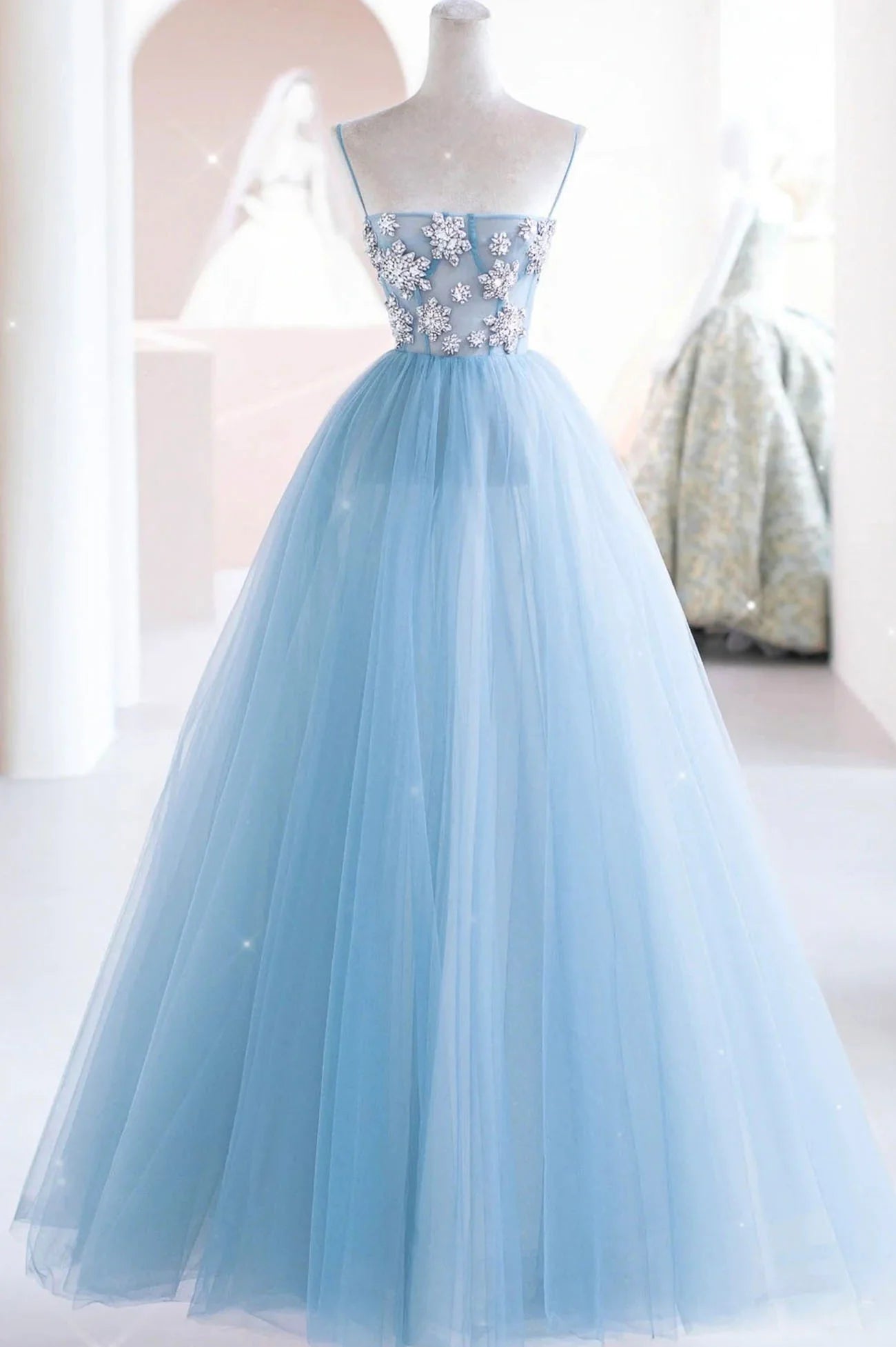 Strap Tulle Beading Blue Spaghetti Long A-Line Prom Dresses Wedding Dress