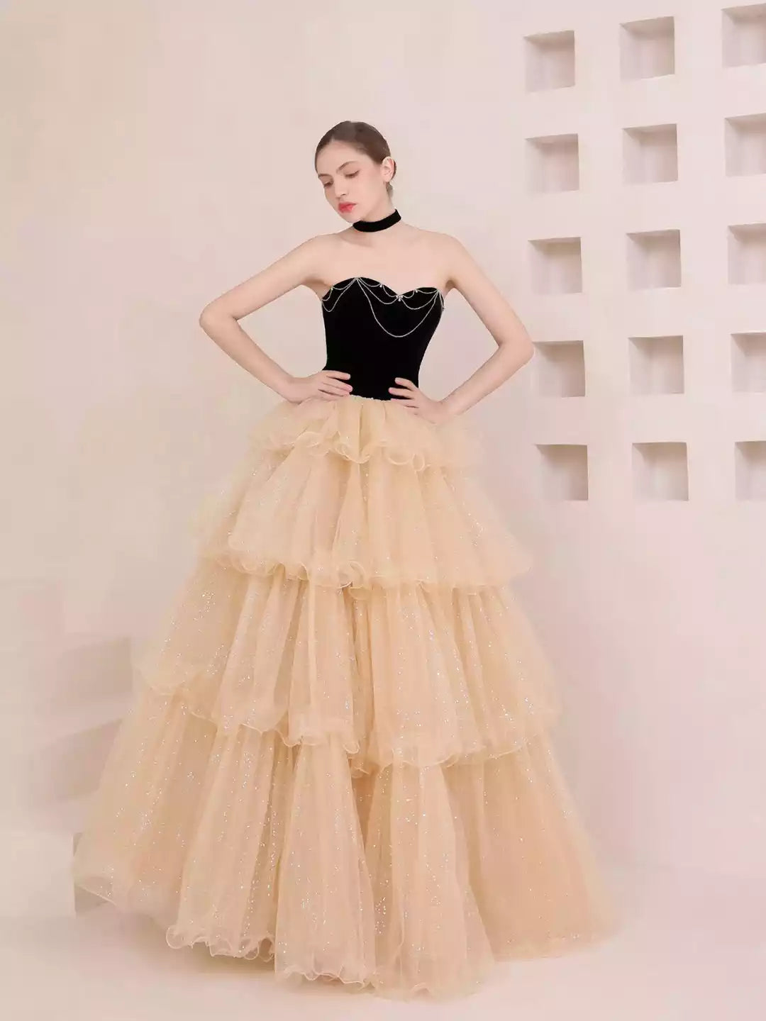 Strapless A-Line Champagne Sweetheart Tulle Layers Long Party Dress Formal Dress