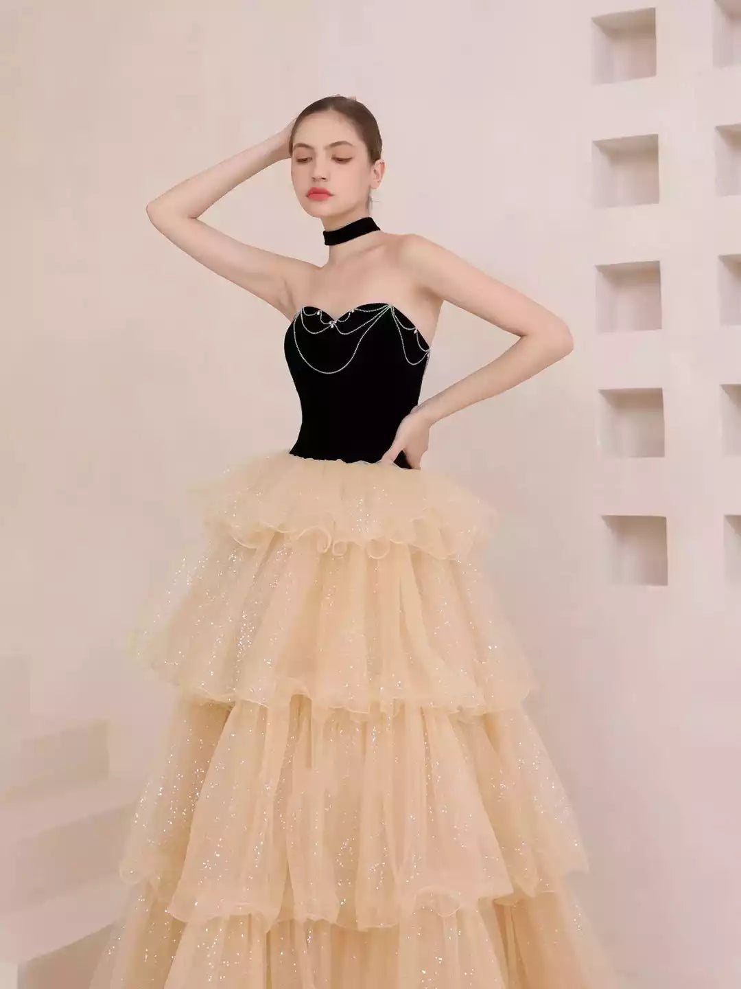 Strapless A-Line Champagne Sweetheart Tulle Layers Long Party Dress Formal Dress
