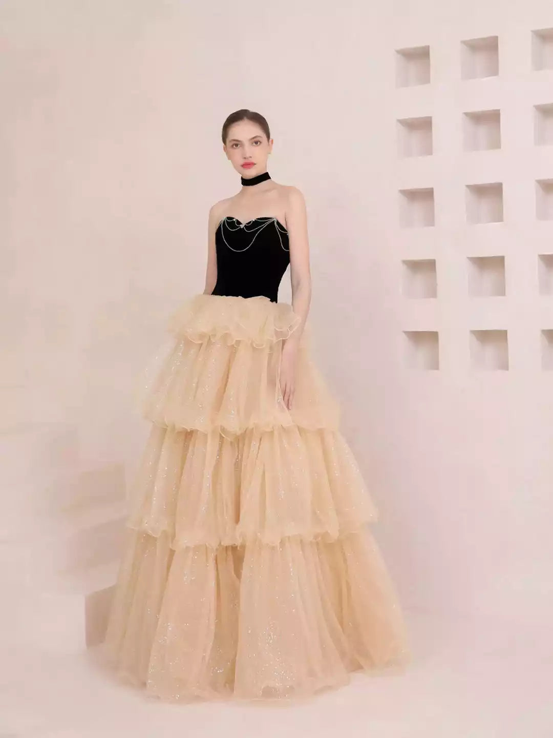 Strapless A-Line Champagne Sweetheart Tulle Layers Long Party Dress Formal Dress