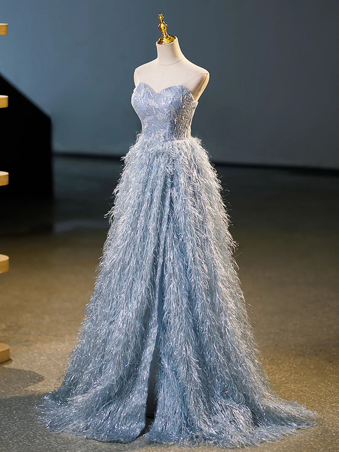 Strapless Blue A-Line Floor Length Prom Dress Blue Evening Party Dress