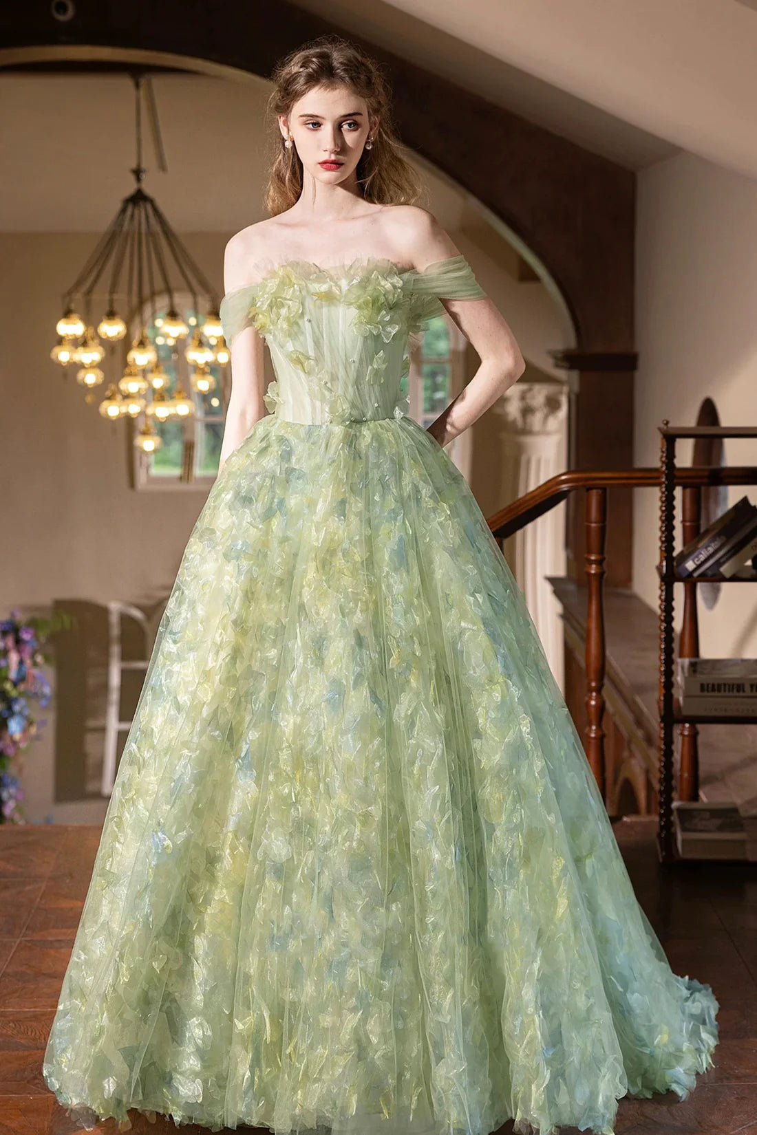 Strapless Green Tulle Long Prom Dress Beautiful A-line Evening Party Dress