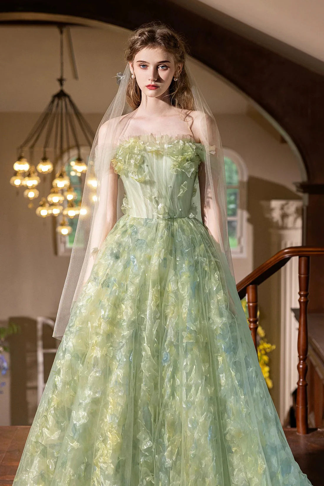 Strapless Green Tulle Long Prom Dress Beautiful A-line Evening Party Dress