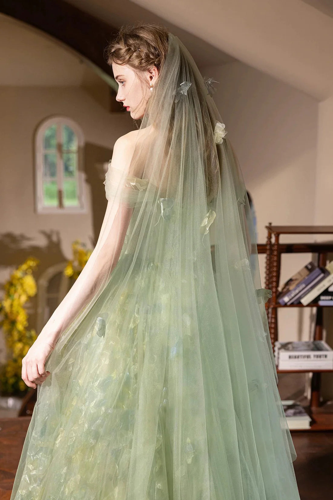 Strapless Green Tulle Long Prom Dress Beautiful A-line Evening Party Dress