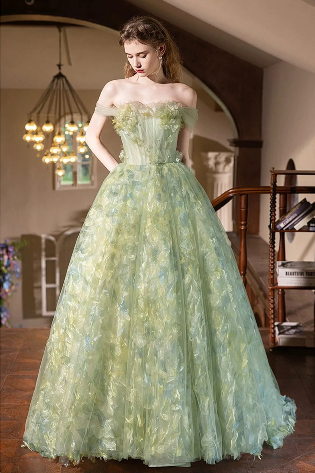 Strapless Green Tulle Long Prom Dress Beautiful A-line Evening Party Dress