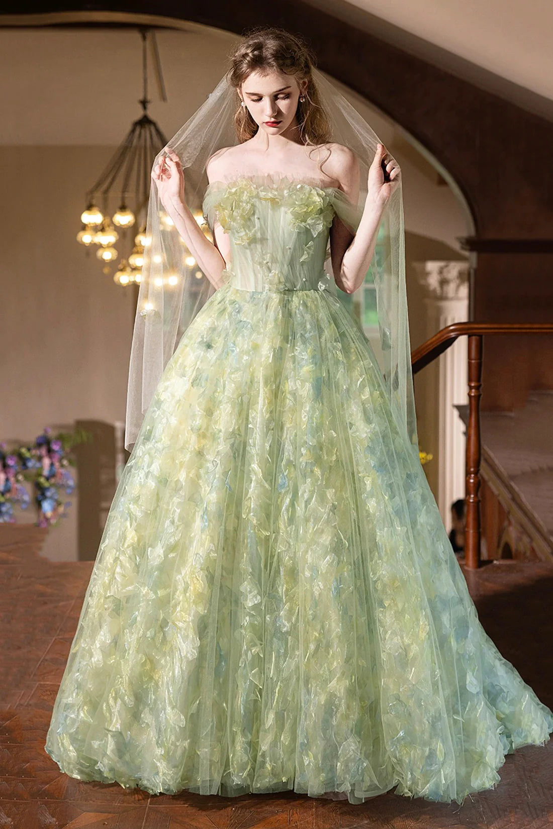 Strapless Green Tulle Long Prom Dress Beautiful A-line Evening Party Dress