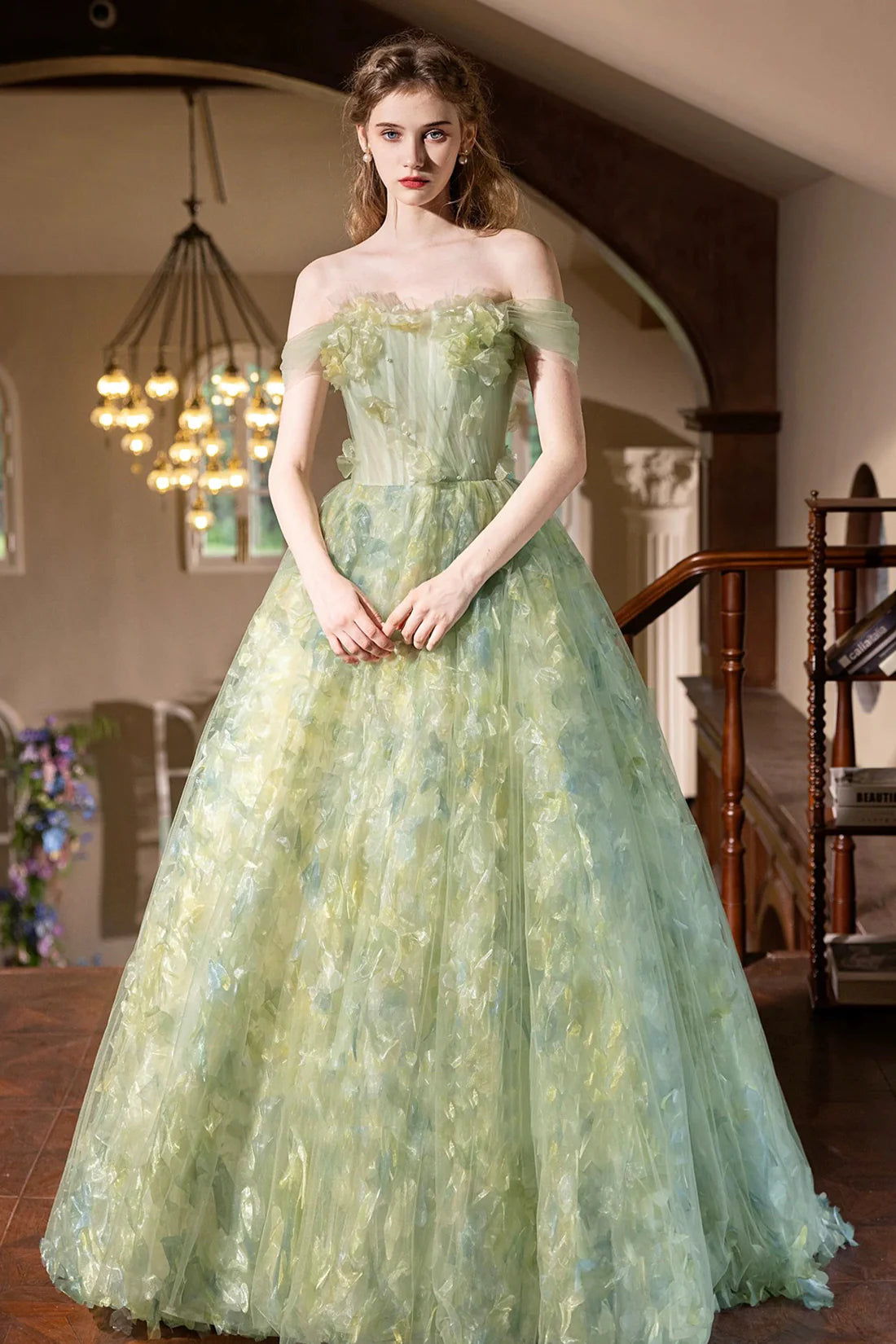 Strapless Green Tulle Long Prom Dress Beautiful A-line Evening Party Dress
