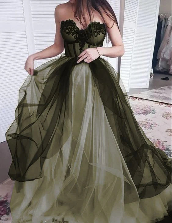 Strapless Green color sweetheart neck long prom dress evening dress