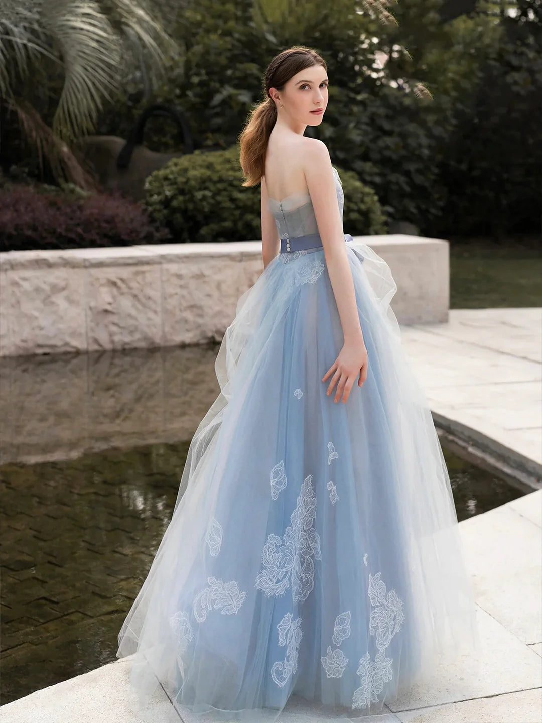 Strapless Grey-Blue Lace Long Prom Dress A-Line Tulle Evening Party Dress