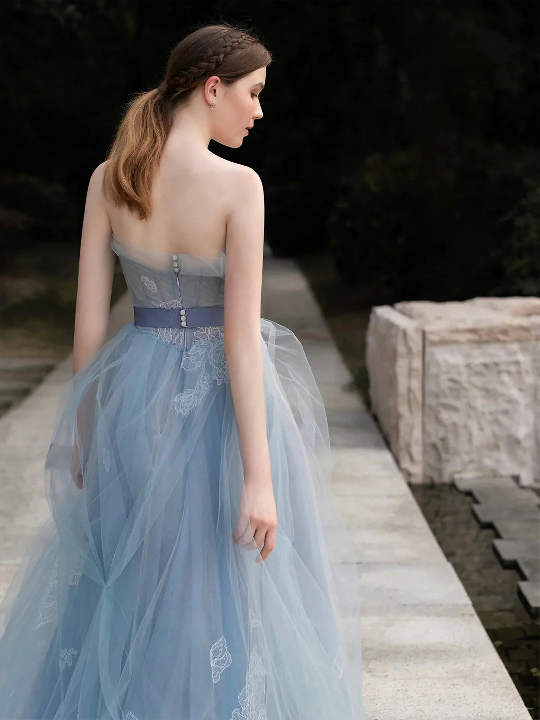 Strapless Grey-Blue Lace Long Prom Dress A-Line Tulle Evening Party Dress