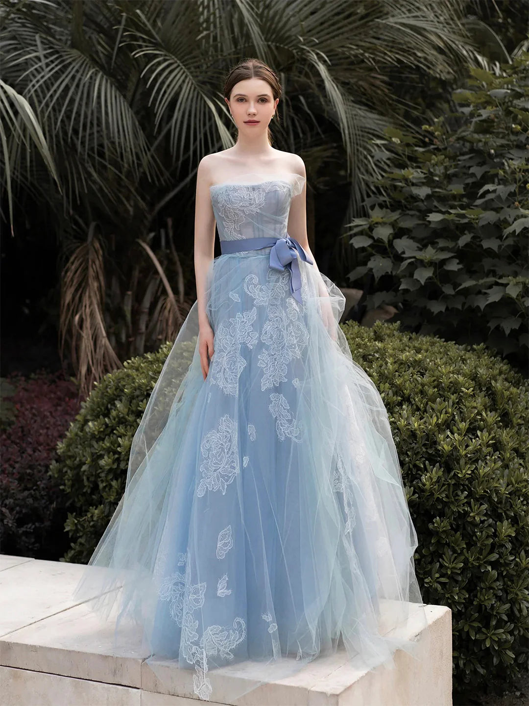 Strapless Grey-Blue Lace Long Prom Dress A-Line Tulle Evening Party Dress