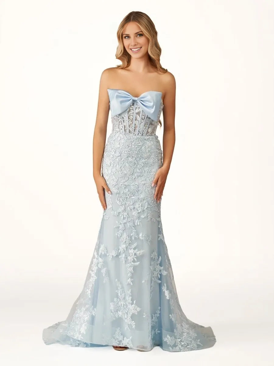 Strapless Mermaid Lace Appliques Long with Bow Strapless Mermaid Lace Appliques Long Prom Dress with Bow