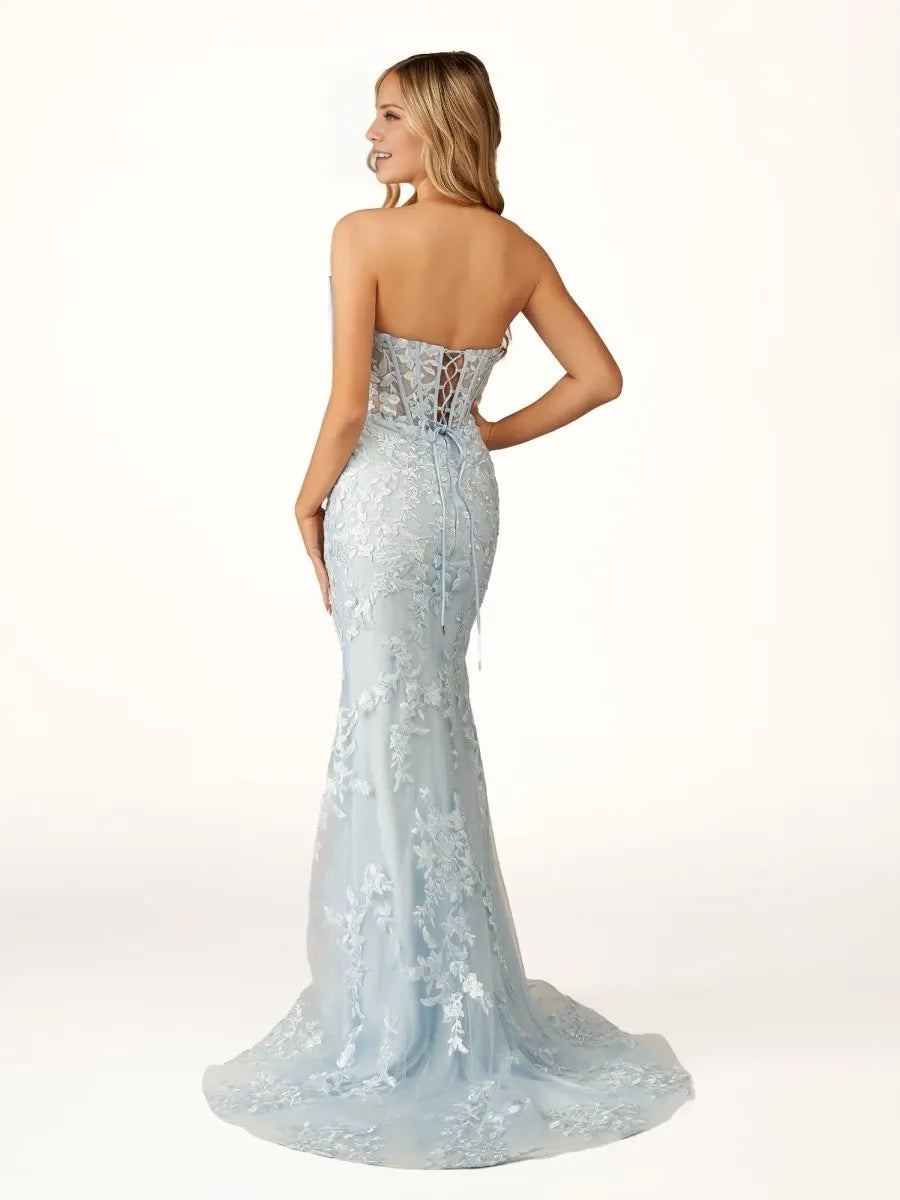 Strapless Mermaid Lace Appliques Long with Bow Strapless Mermaid Lace Appliques Long Prom Dress with Bow
