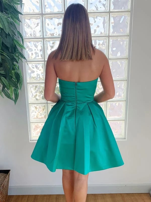 Strapless Open Back Green Short Prom with Pocket Open Back Green Homecoming Short Green Formal Evening Party Dresses Homecoming Dresses