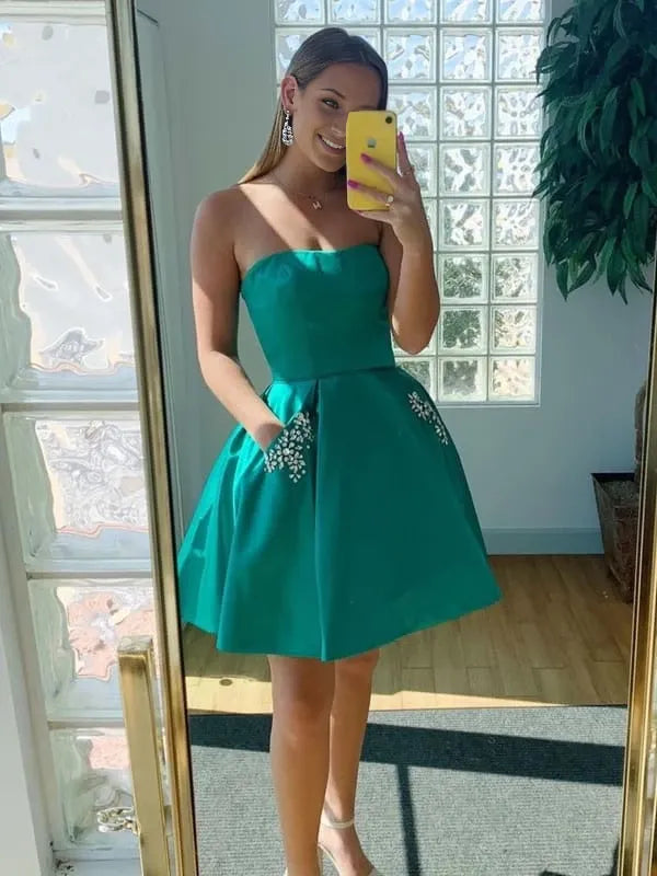 Strapless Open Back Green Short Prom with Pocket Open Back Green Homecoming Short Green Formal Evening Party Dresses Homecoming Dresses