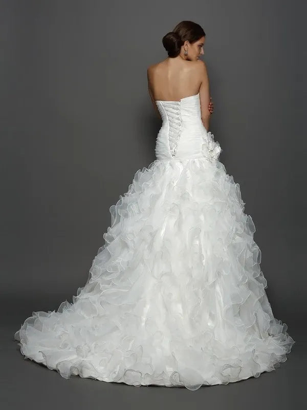 Strapless Sleeveless Ball Gown Organza Cathedral Train With Hand-Made Flower Wedding Dresses