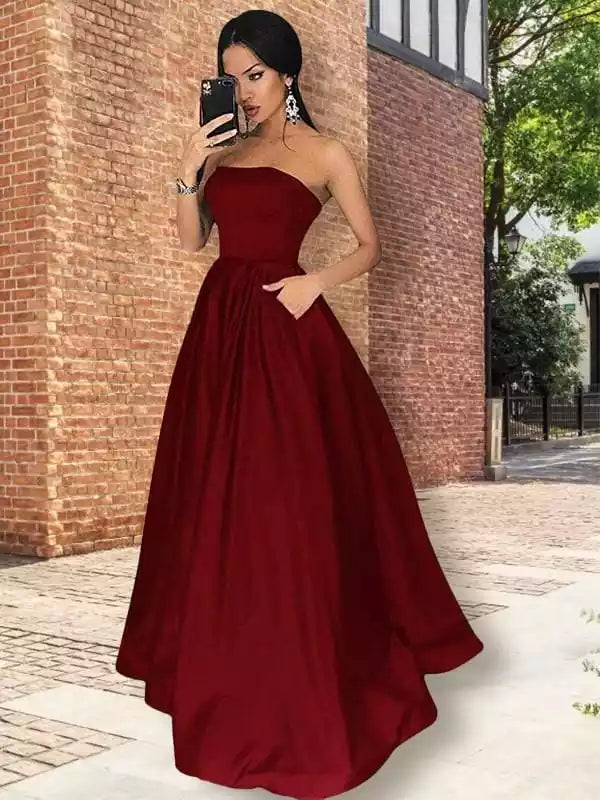 Strapless Sleeveless Floor-Length A-line With Ruffles Satin Dresses Bridesmaid Dresses