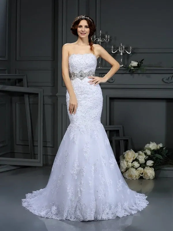 Strapless Sleeveless Mermaid Lace Court Train With Beading Wedding Dresses