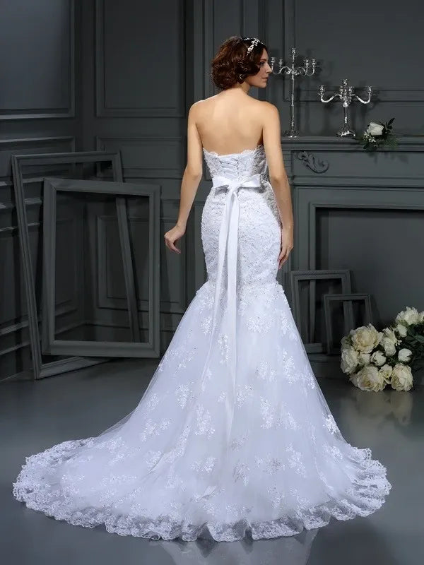 Strapless Sleeveless Mermaid Lace Court Train With Beading Wedding Dresses