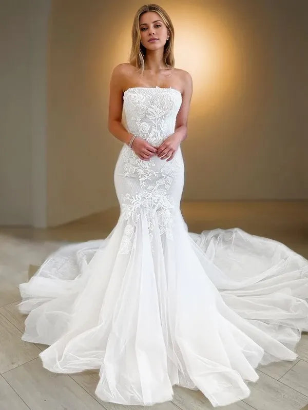 Strapless Sleeveless Mermaid Tulle Applique Cathedral Train Wedding Dresses