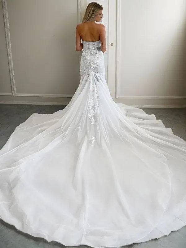 Strapless Sleeveless Mermaid Tulle Applique Cathedral Train Wedding Dresses