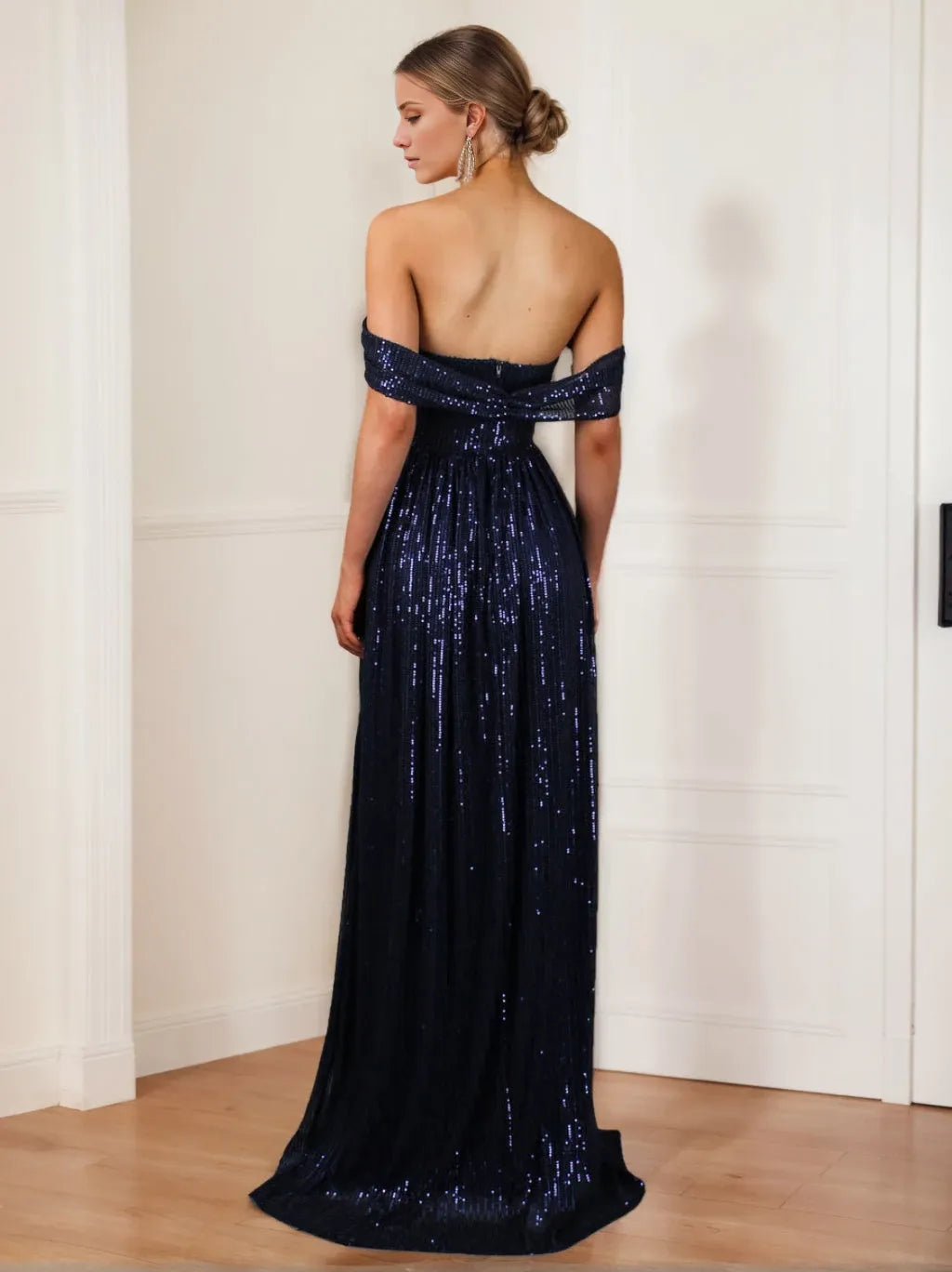 Strapless Sleeveless Princess Floor-Length Long Prom Evening Dress with Sequins Split Side