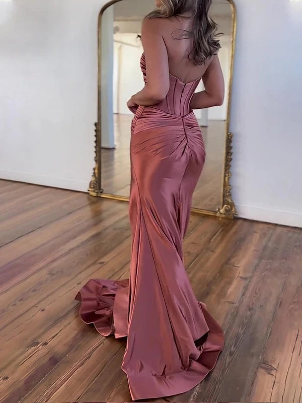 Strapless Sleeveless Princess Floor-Length Slit Ruched Evening Dresses