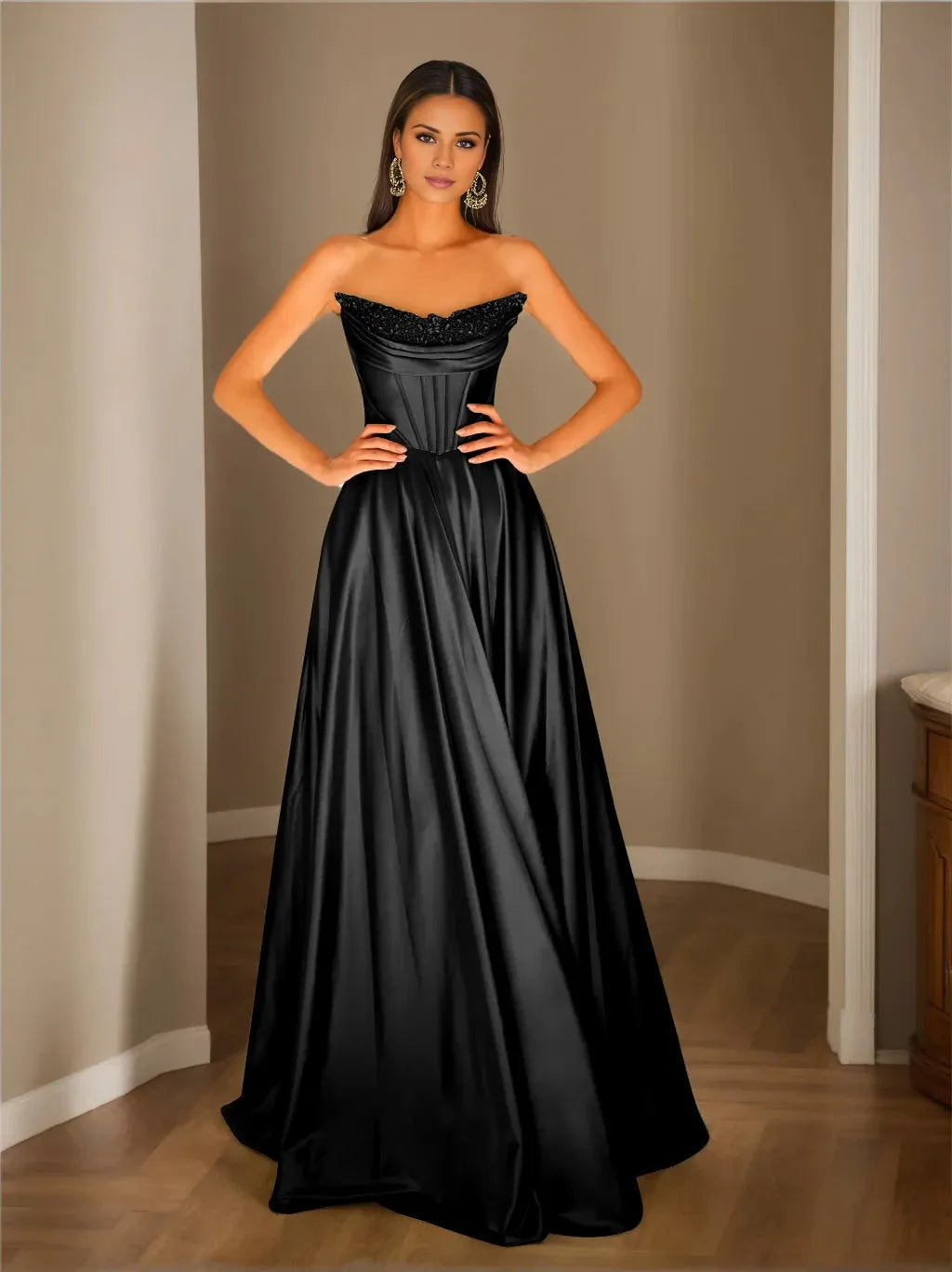 Strapless Sleeveless Princess Black Floor-Length with Sequins Evening Dress
