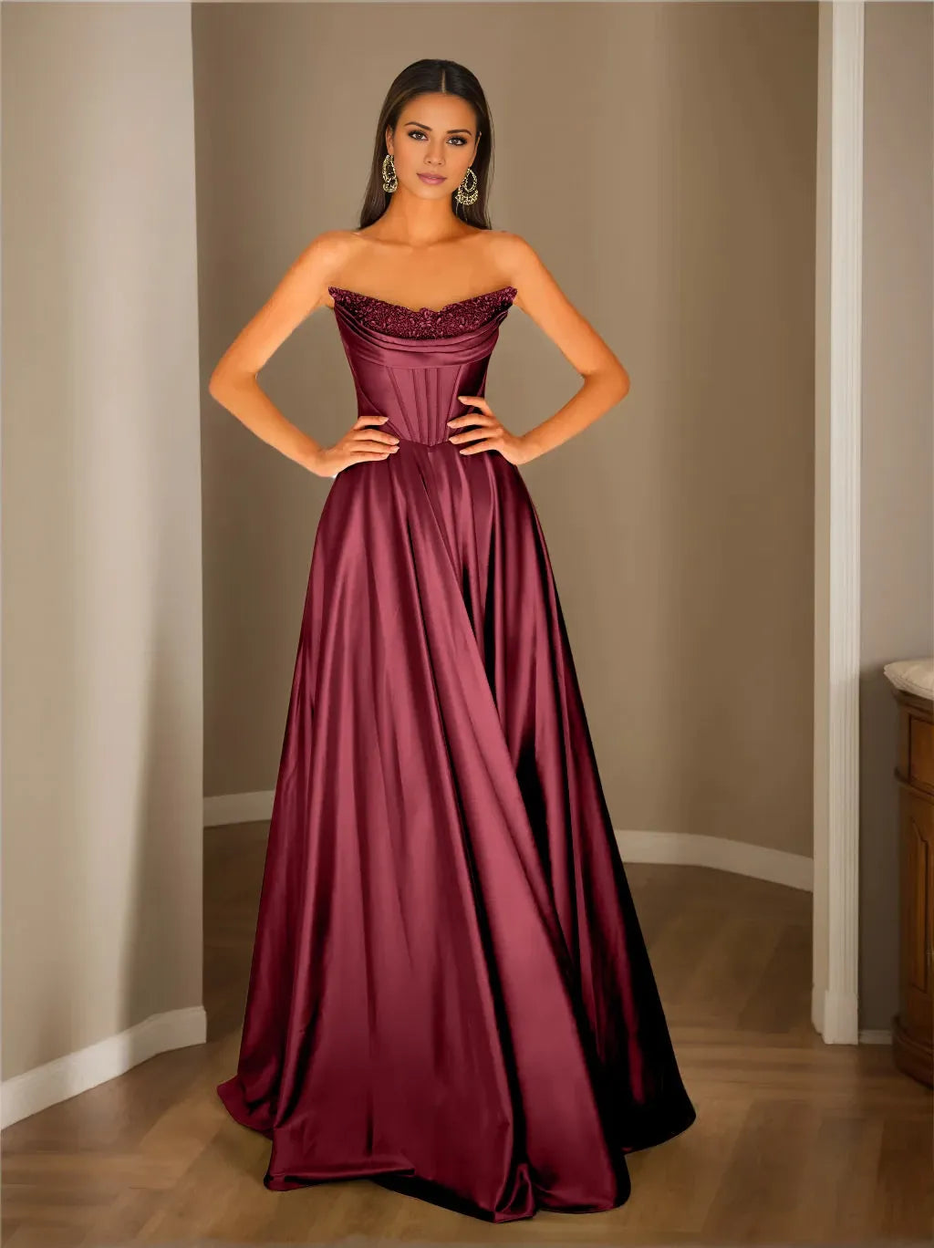 Strapless Sleeveless Princess Burgundy Floor-Length with Sequins Evening Dress