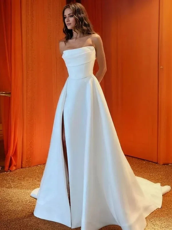 Strapless Sleeveless Princess Satin Ruched Court Train Wedding Dresses