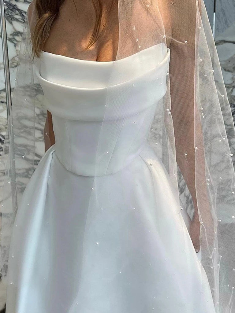 Strapless Sleeveless Princess Satin Ruched Court Train Wedding Dresses