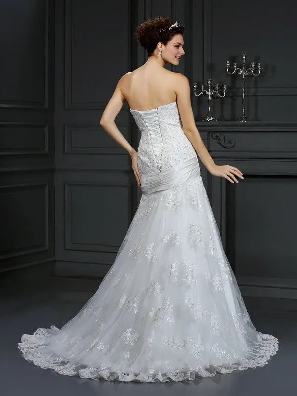 Strapless Sleeveless Sheath Satin Court Train With Applique Wedding Dresses