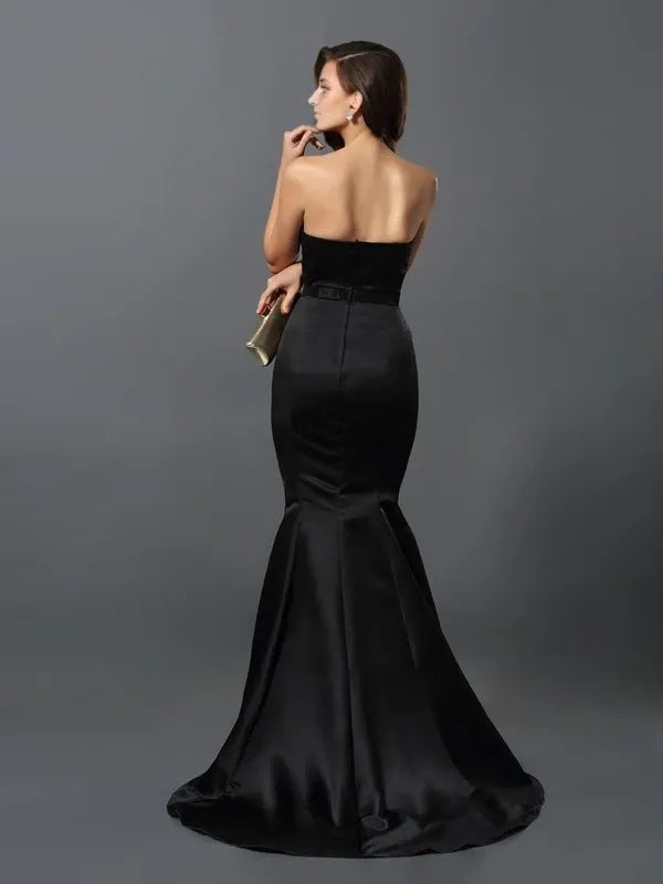 Strapless Sleeveless Sheath Satin Floor-Length With Belt Dresses Evening Dresses