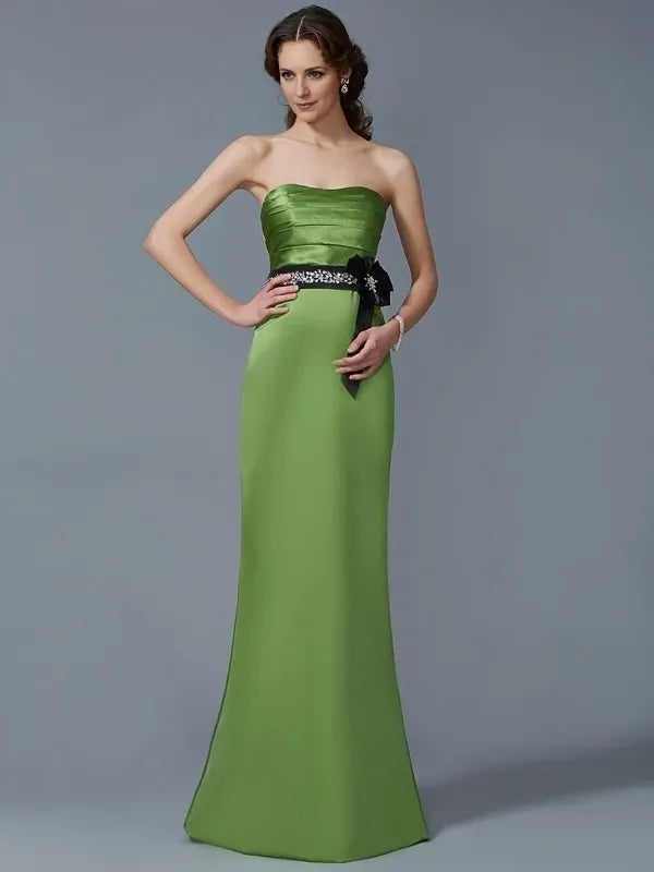 Strapless Sleeveless Sheath Satin Floor-Length With Belt Evening Dress