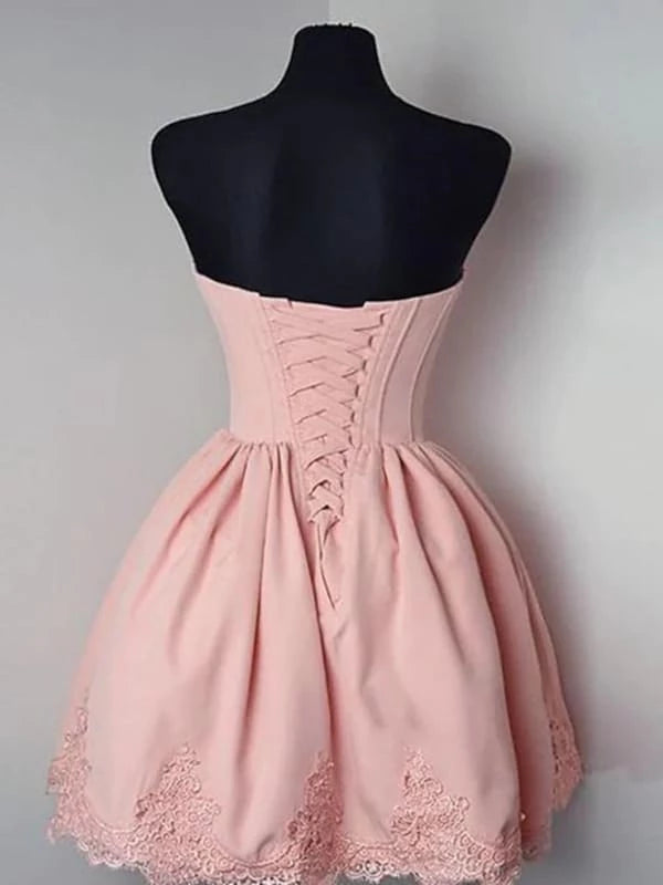 Strapless Sweetheart Neck Pink Lace Prom Dresses Short Pink Lace Formal Evening Dresses Party Dresses Homecoming Dresses
