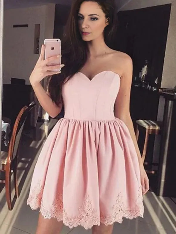 Strapless Sweetheart Neck Pink Lace Prom Dresses Short Pink Lace Formal Evening Dresses Party Dresses Homecoming Dresses