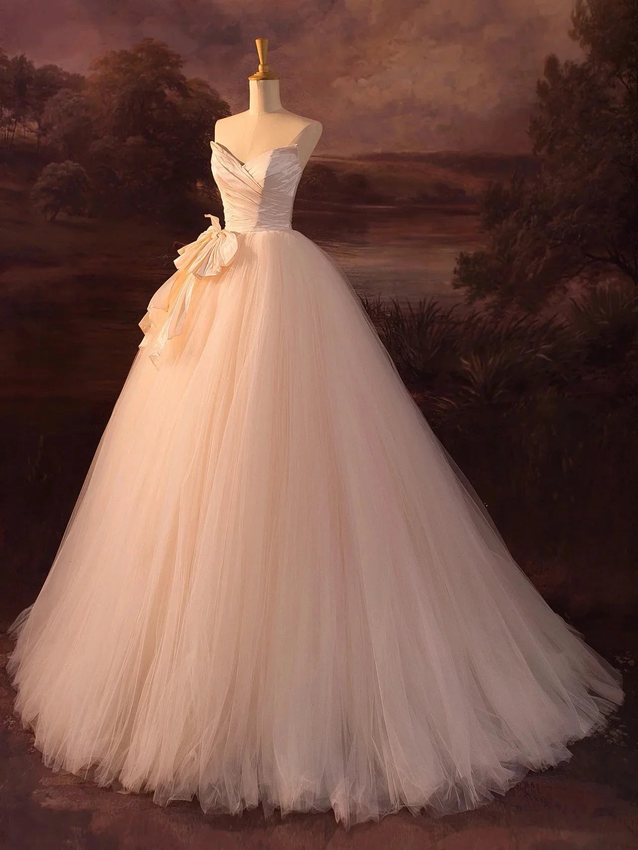 Strapless Tulle Long Champagne Prom Dress Beautiful A-Line Formal Evening Dress Wedding Dresses