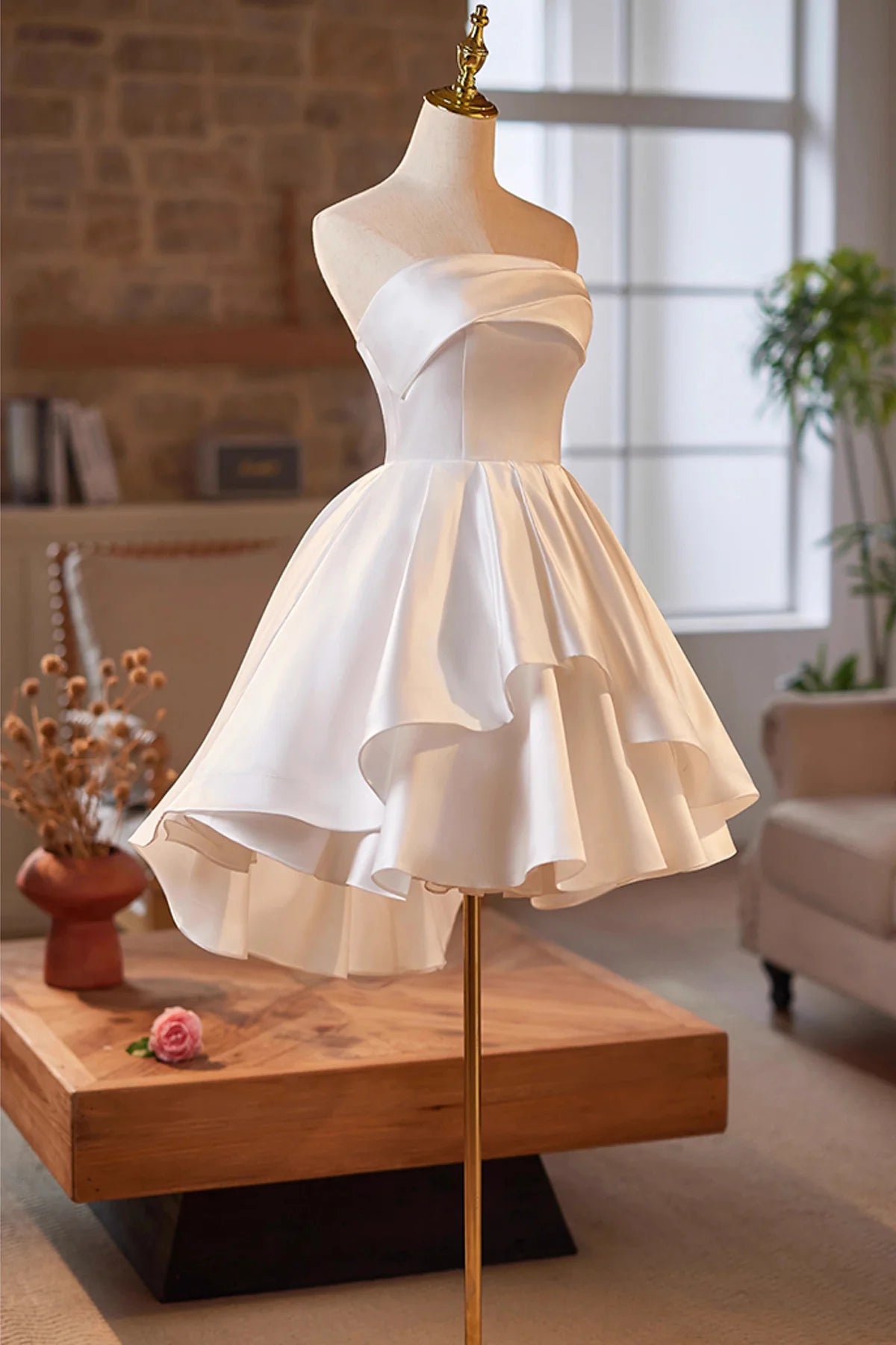 Strapless White Satin Short Prom Dress White A-Line Party Dress