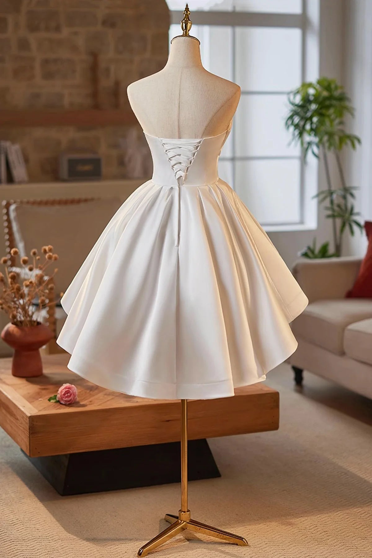 Strapless White Satin Short Prom Dress White A-Line Party Dress
