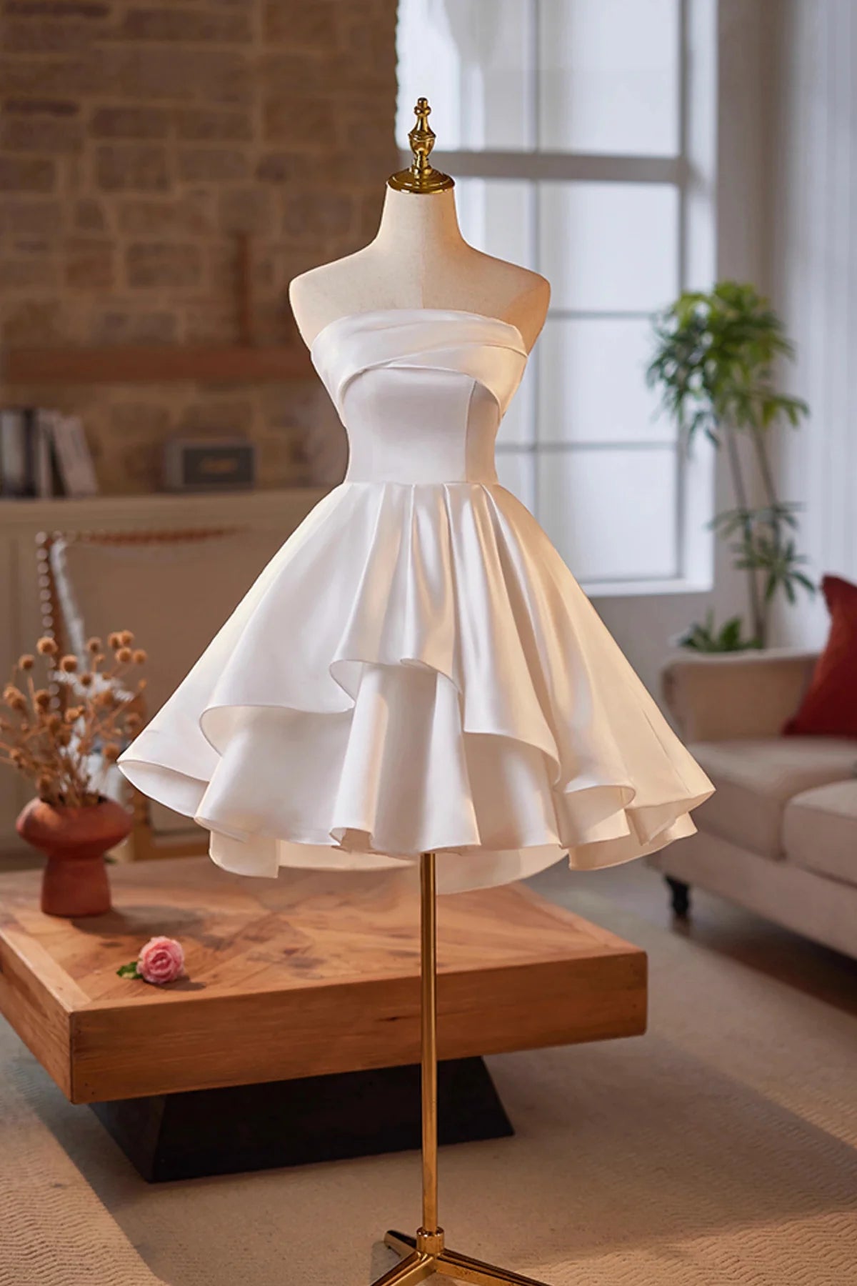 Strapless White Satin Short Prom Dress White A-Line Party Dress