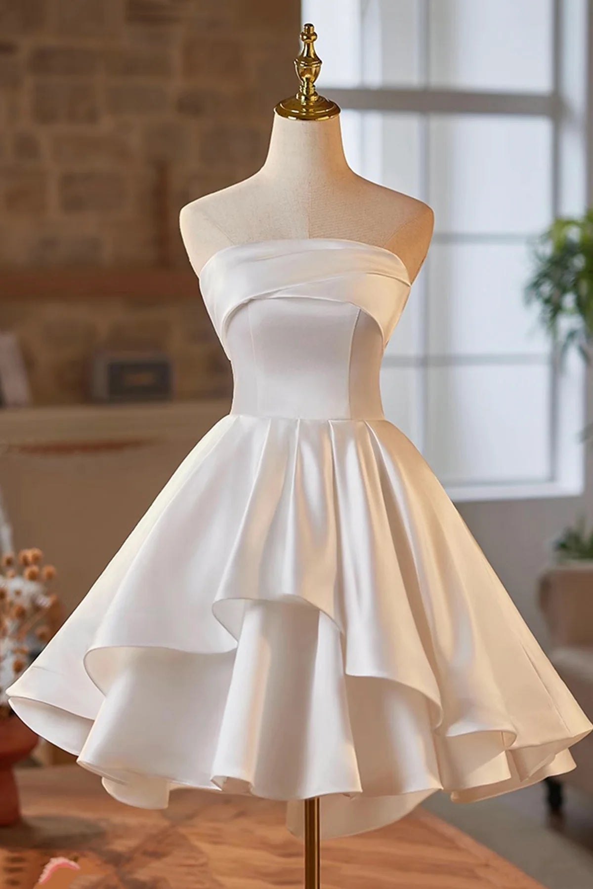 Strapless White Satin Short Prom Dress White A-Line Party Dress